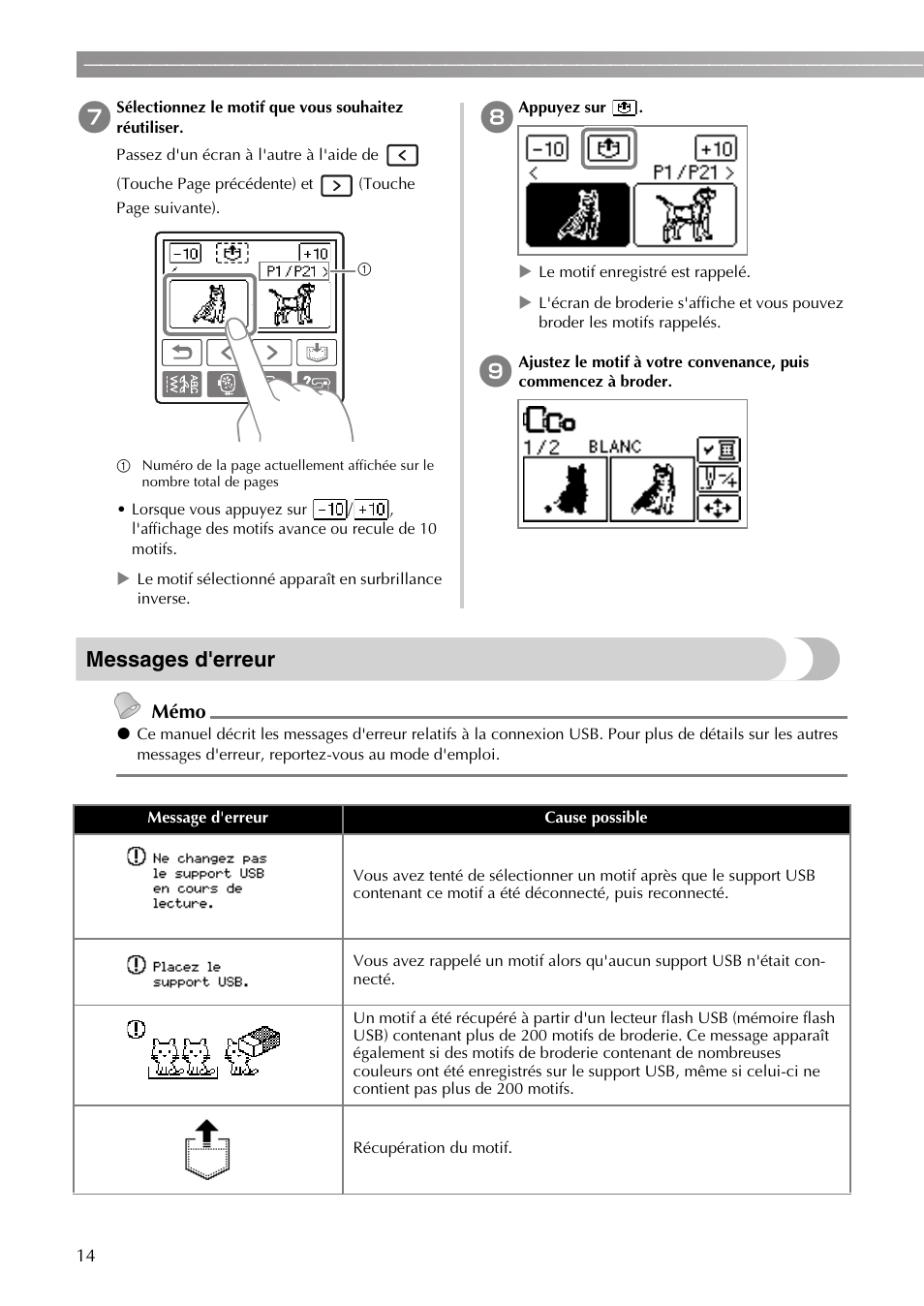 Messages d'erreur, Mémo | Brother PE-770 User Manual | Page 16 / 40