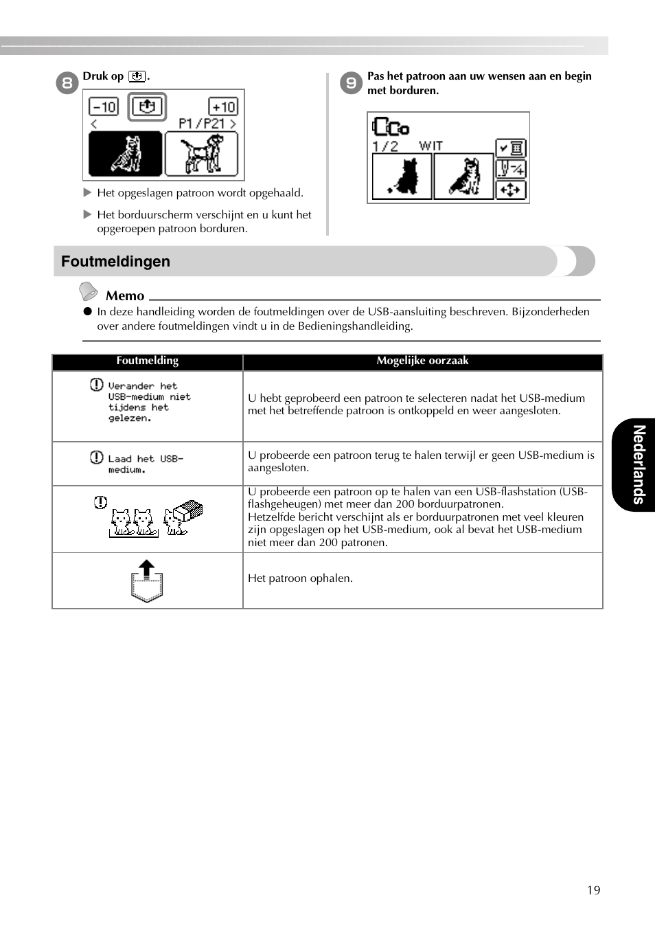 Ne der lan ds, Foutmeldingen | Brother PE-770 User Manual | Page 21 / 40