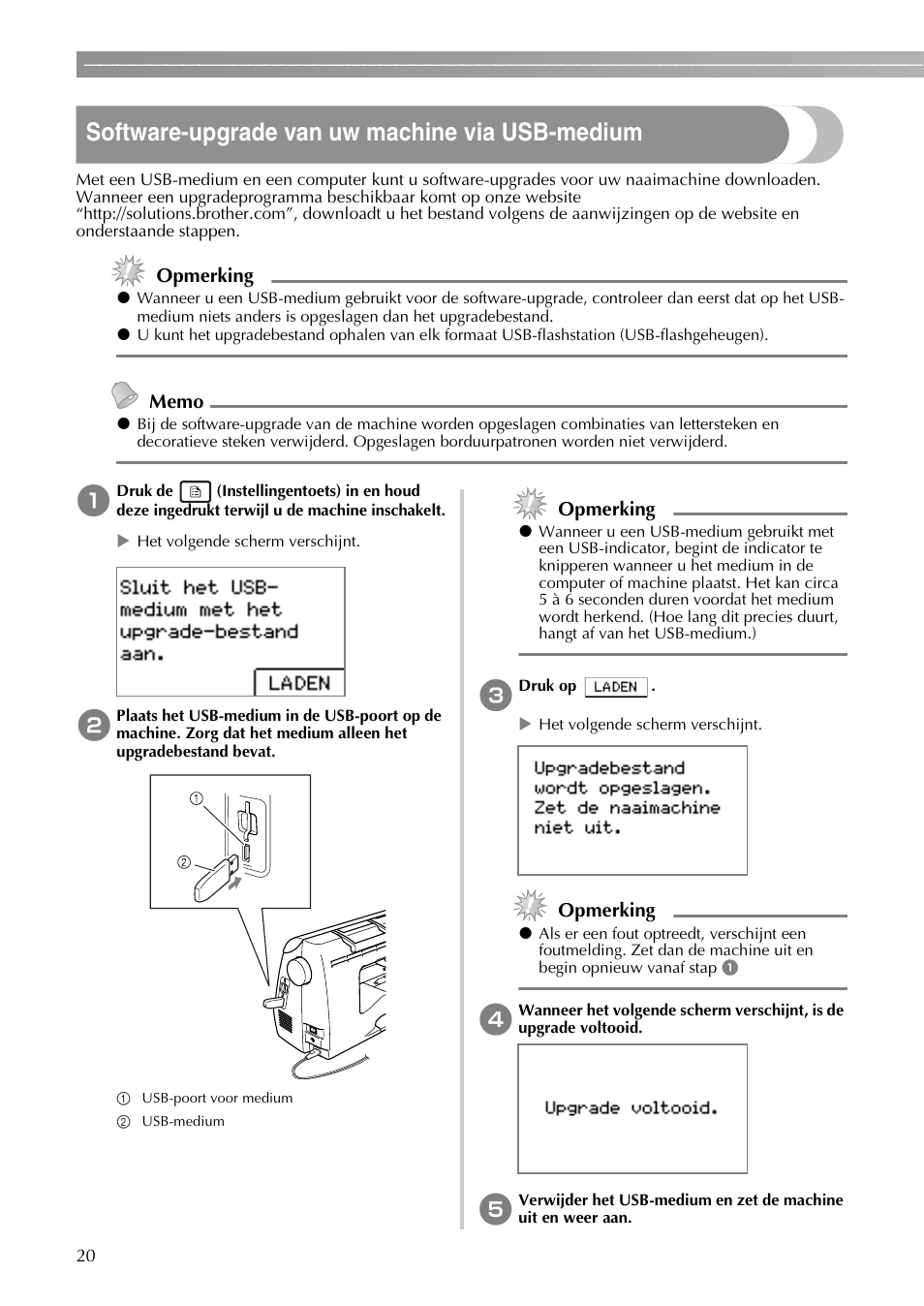 Software-upgrade van uw machine via usb-medium, Opmerking | Brother PE-770 User Manual | Page 22 / 40