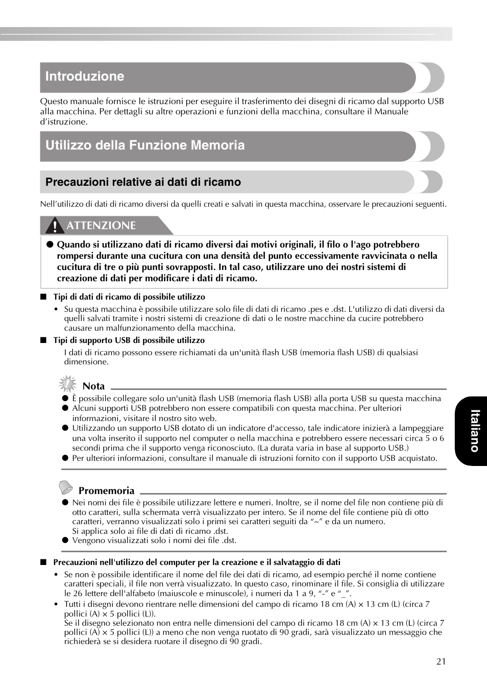Introduzione, Italian o, Precauzioni relative ai dati di ricamo | Attenzione | Brother PE-770 User Manual | Page 23 / 40