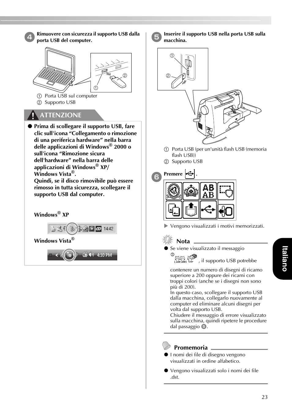 Italian o, Attenzione | Brother PE-770 User Manual | Page 25 / 40