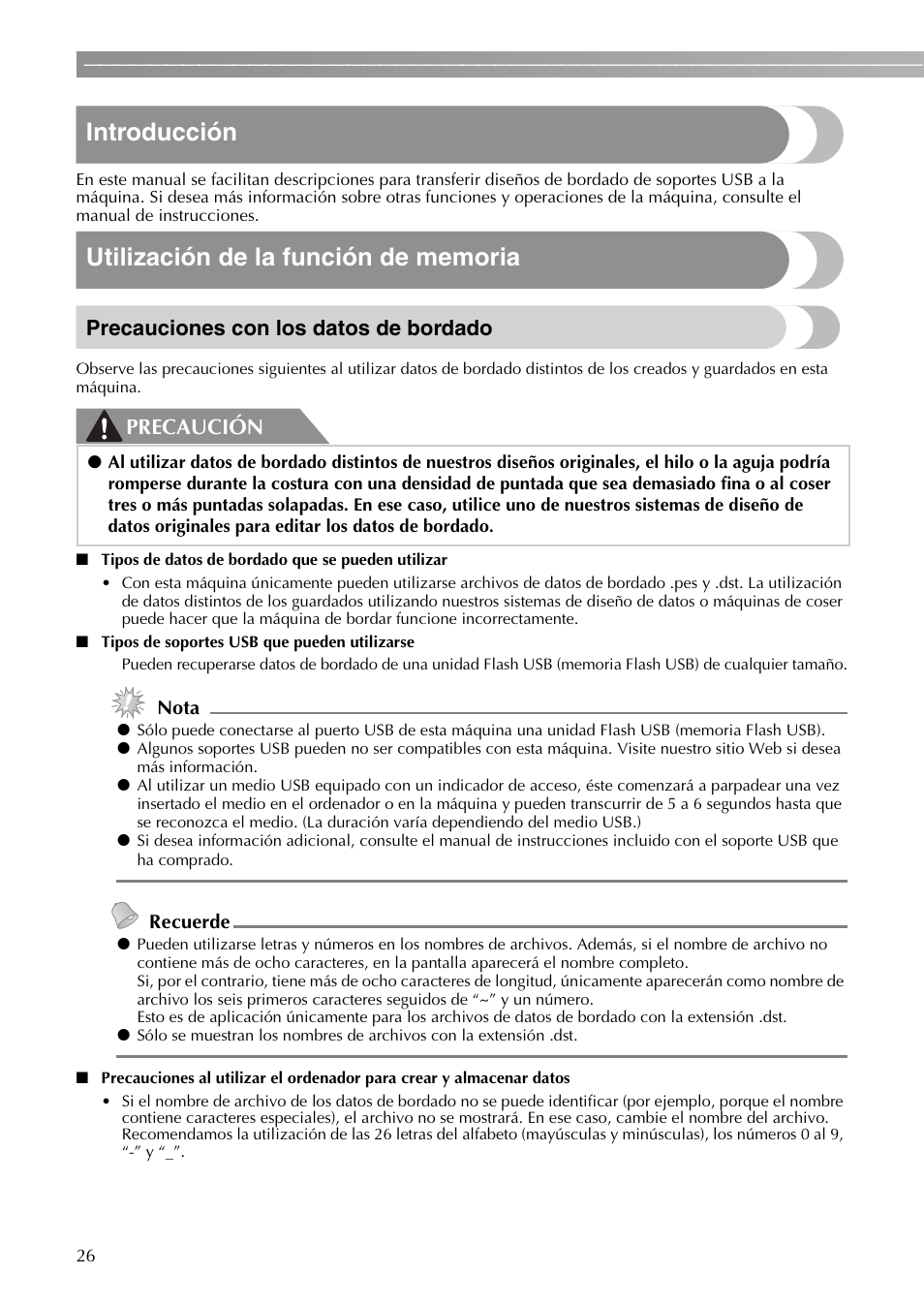 Introducción, Precauciones con los datos de bordado, Precaución | Brother PE-770 User Manual | Page 28 / 40