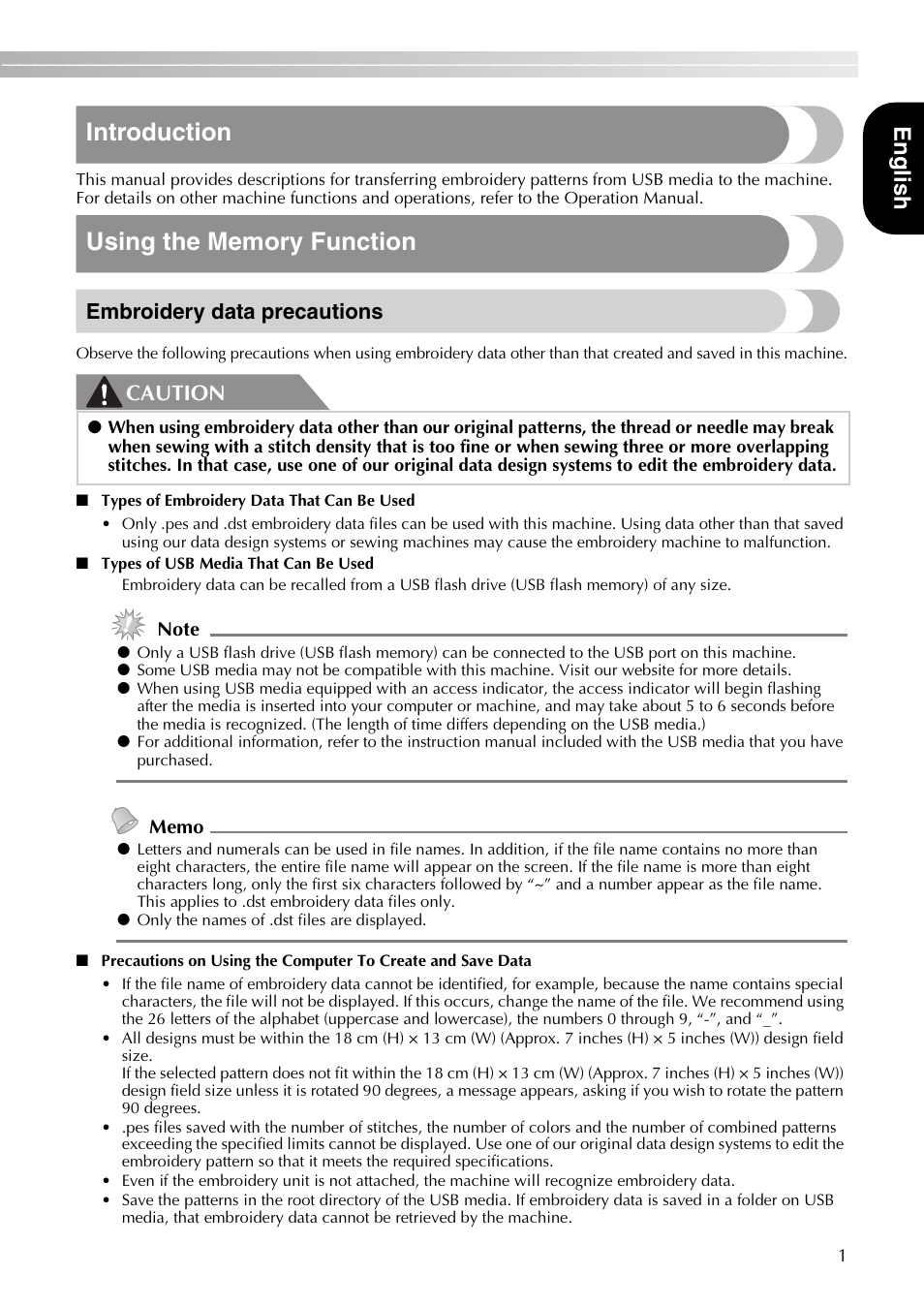 Introduction, Engl ish, Embroidery data precautions | Caution | Brother PE-770 User Manual | Page 3 / 40