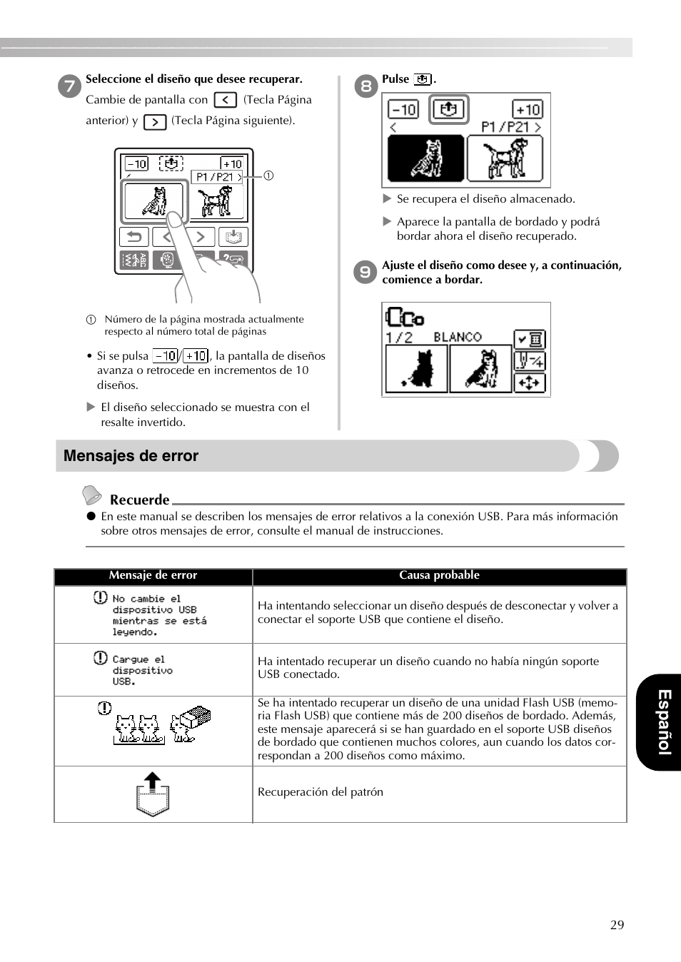 Españo l, Mensajes de error, Recuerde | Brother PE-770 User Manual | Page 31 / 40