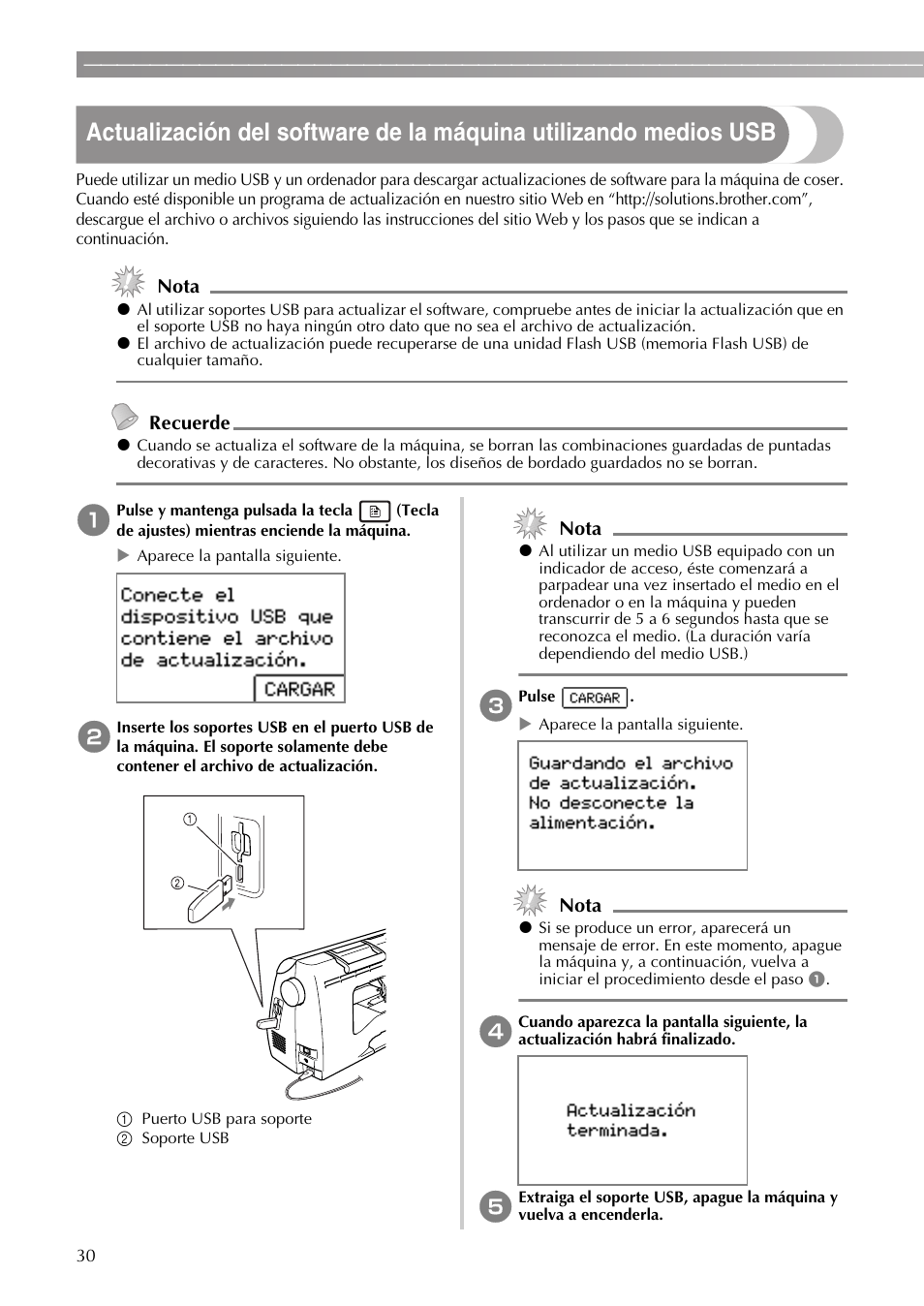 Nota, Recuerde | Brother PE-770 User Manual | Page 32 / 40