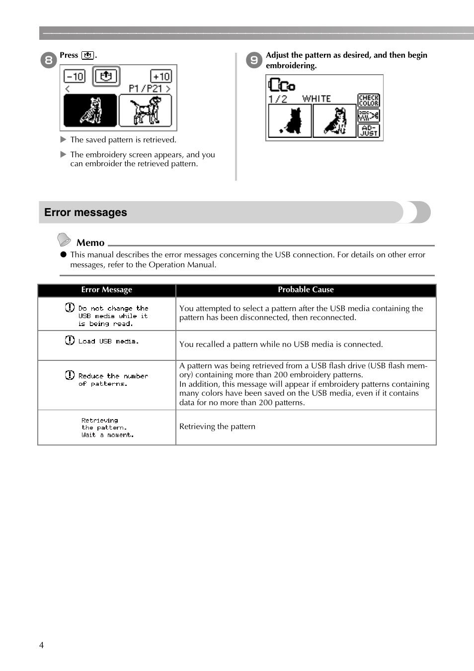 Error messages | Brother PE-770 User Manual | Page 6 / 40