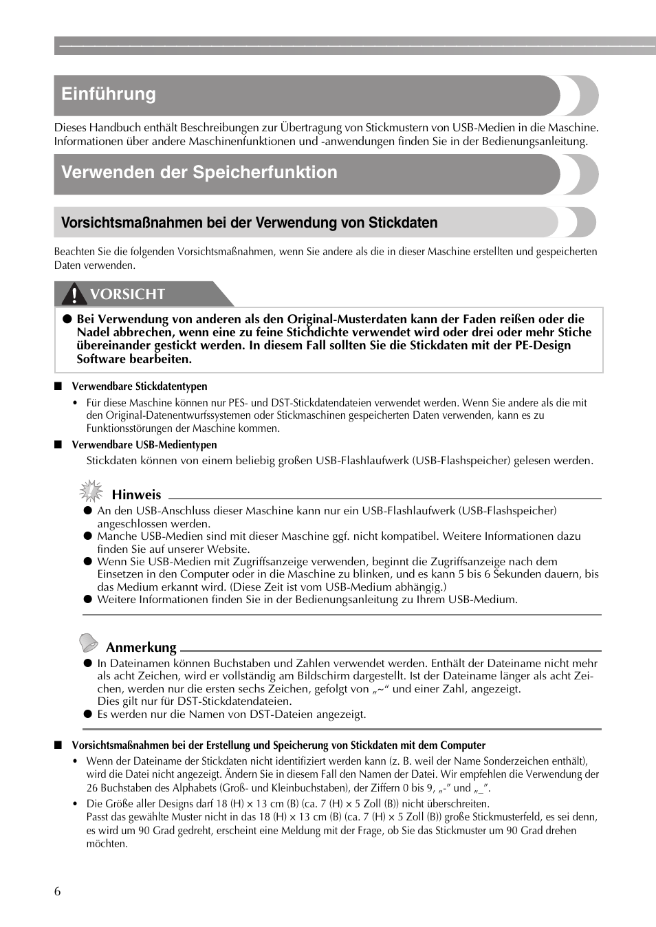 Einführung, Verwenden der speicherfunktion, Vorsicht | Brother PE-770 User Manual | Page 8 / 40