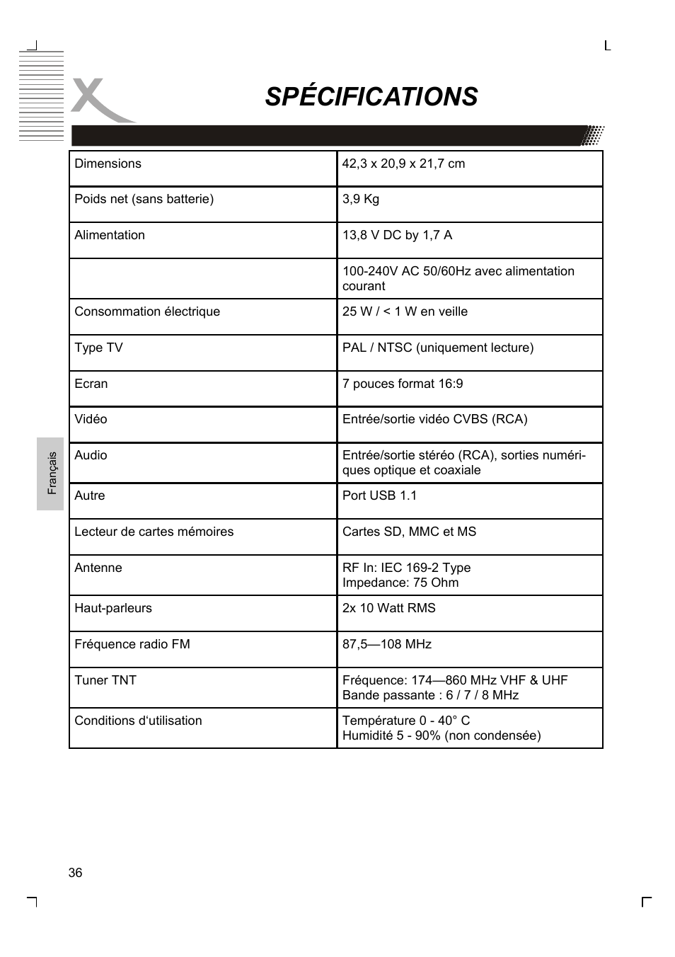 Spécifications | Xoro HMD 900 User Manual | Page 112 / 158