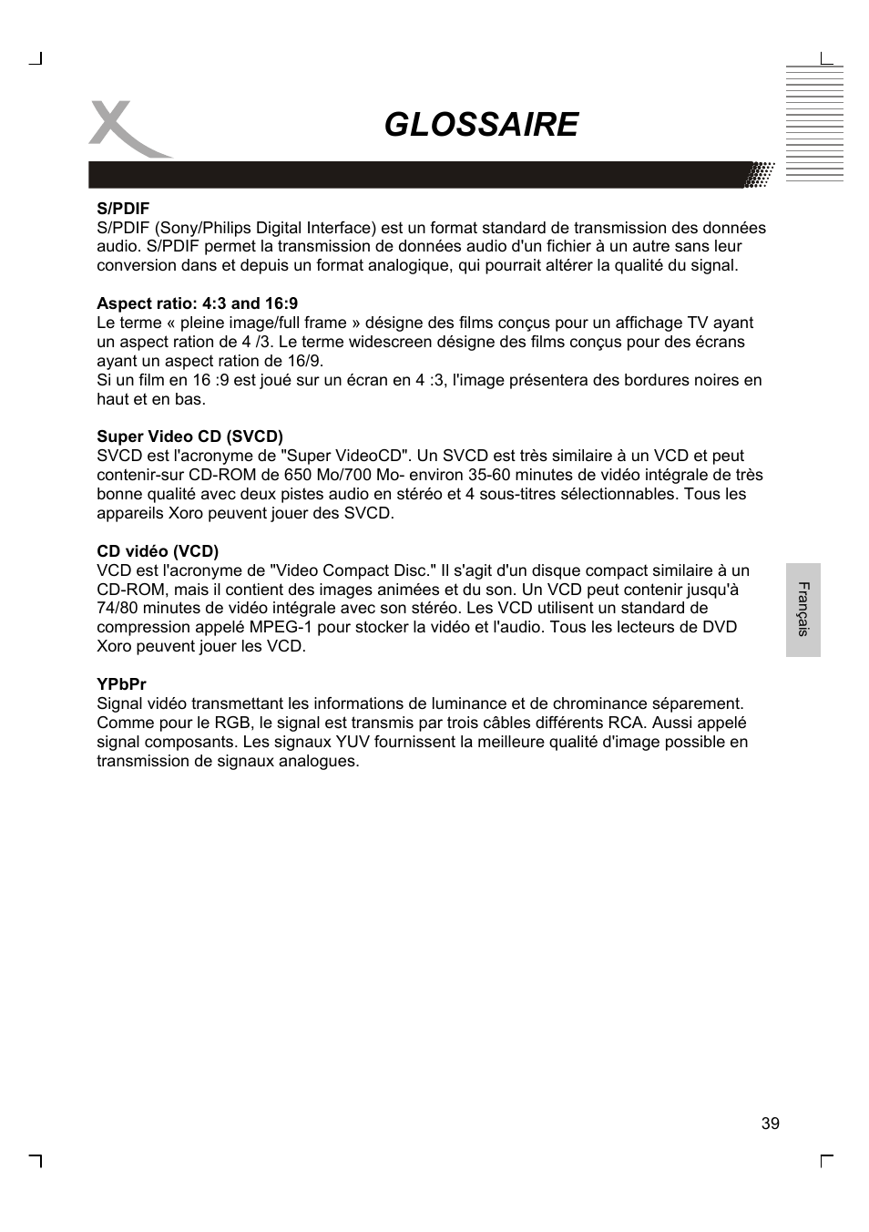 Glossaire | Xoro HMD 900 User Manual | Page 115 / 158