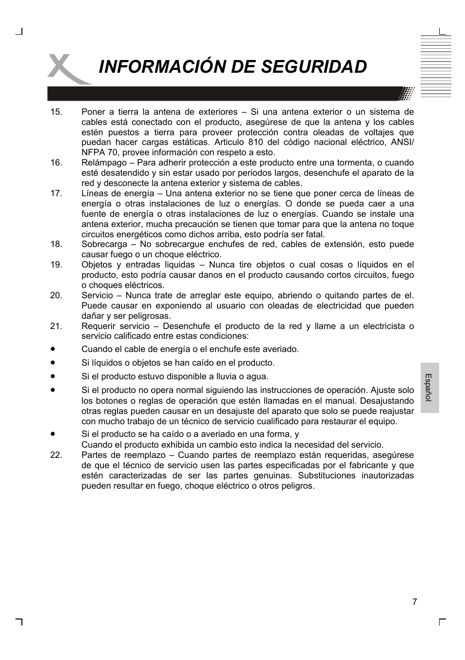 Información de seguridad | Xoro HMD 900 User Manual | Page 123 / 158