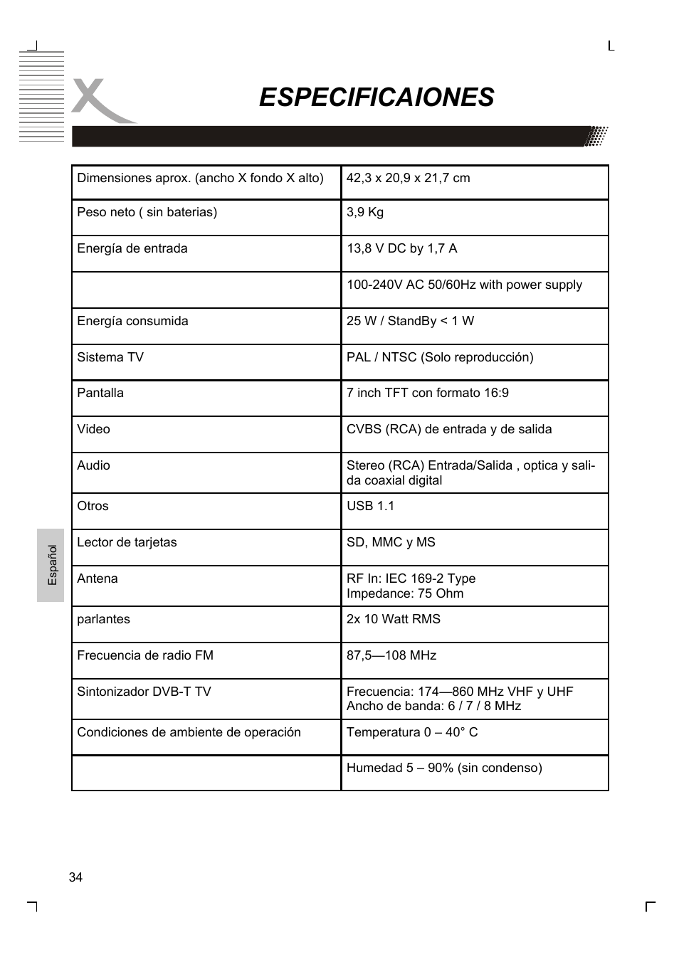 Especificaiones | Xoro HMD 900 User Manual | Page 150 / 158