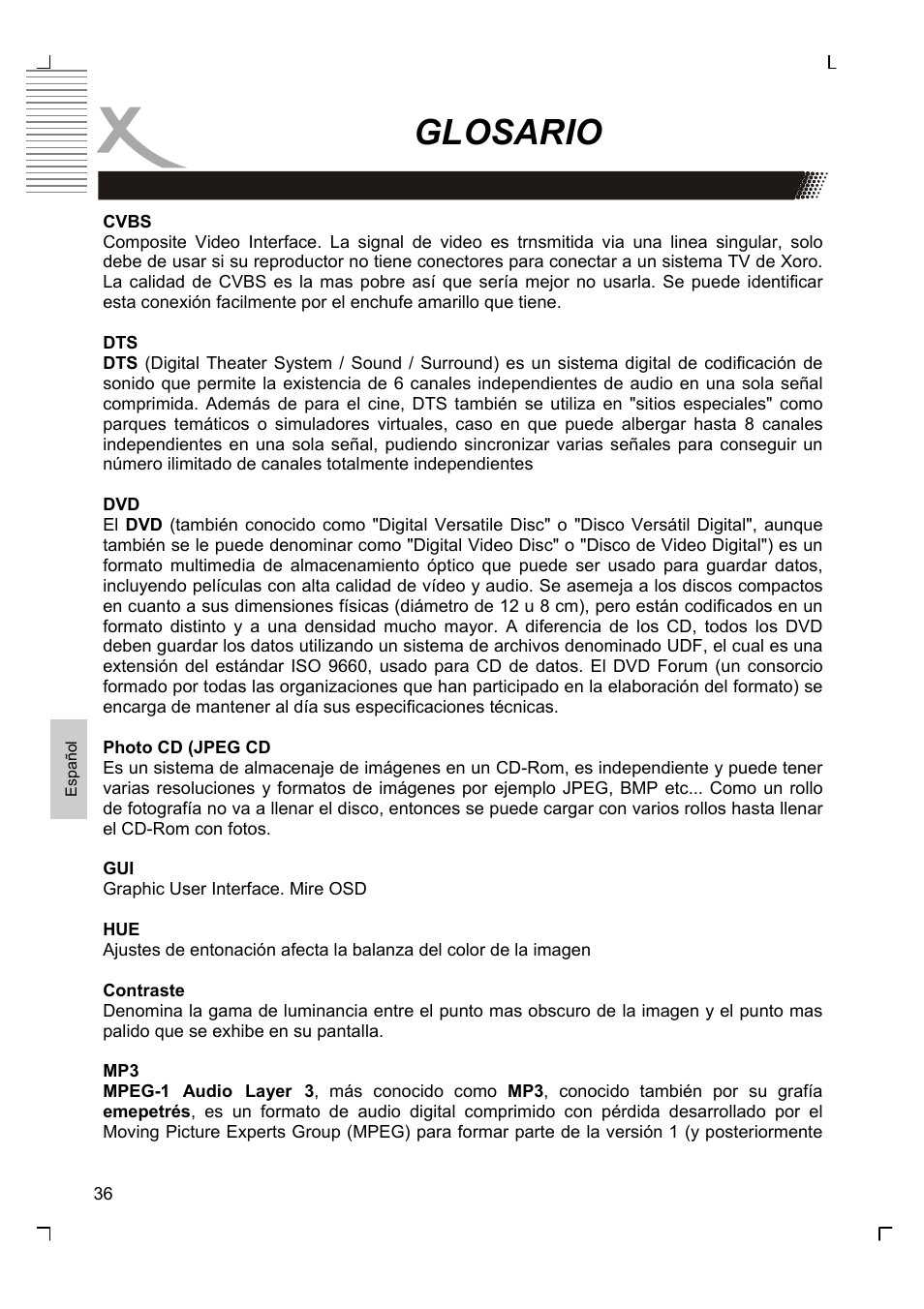 Glosario | Xoro HMD 900 User Manual | Page 152 / 158