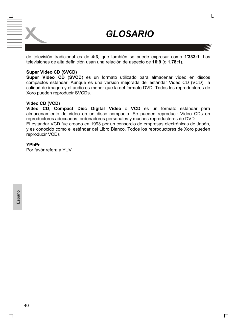 Glosario | Xoro HMD 900 User Manual | Page 156 / 158