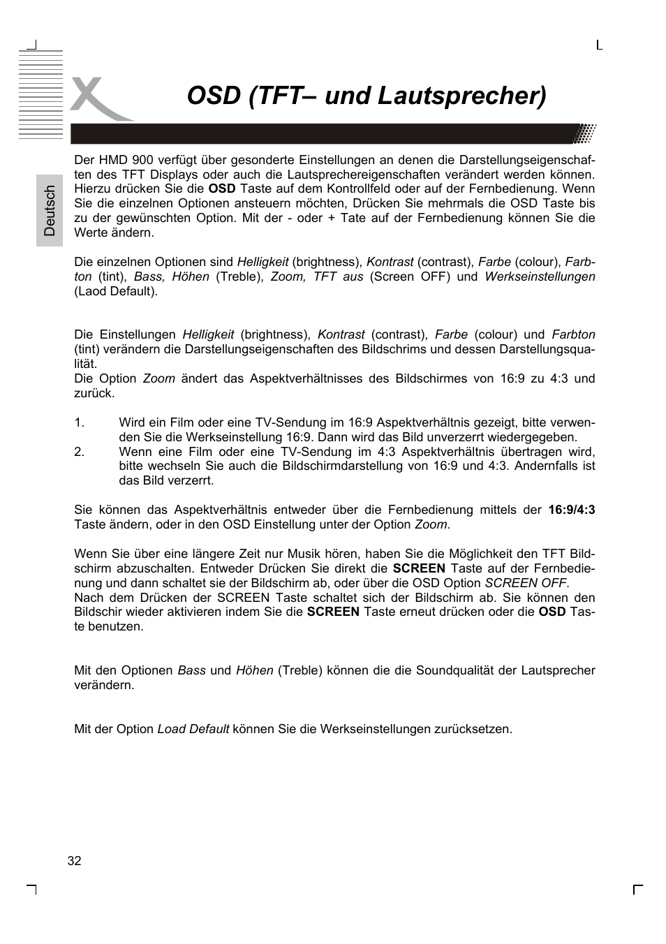 Osd (tft– und lautsprecher) | Xoro HMD 900 User Manual | Page 32 / 158