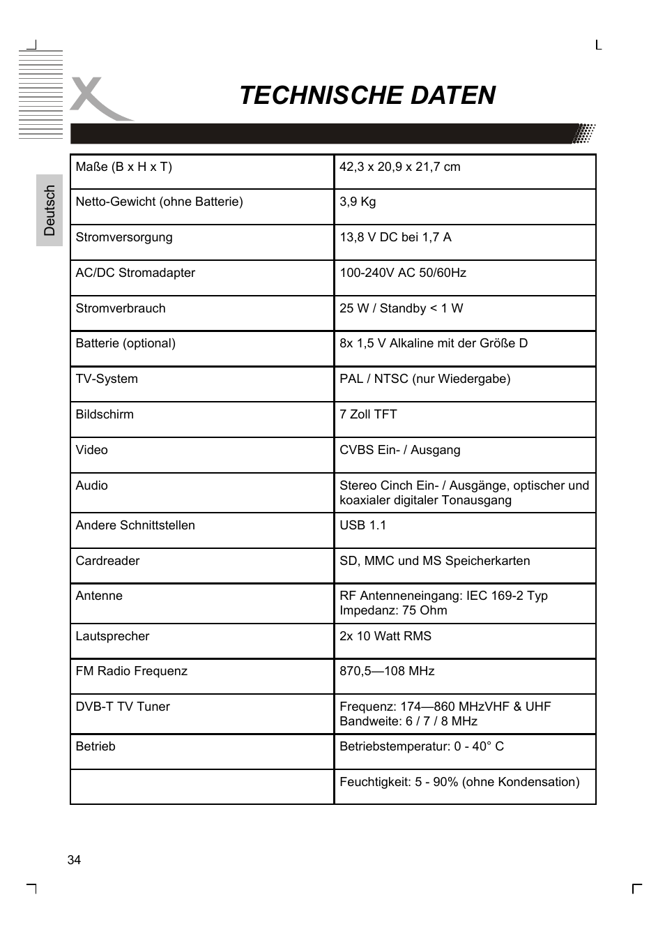 Technische daten | Xoro HMD 900 User Manual | Page 34 / 158