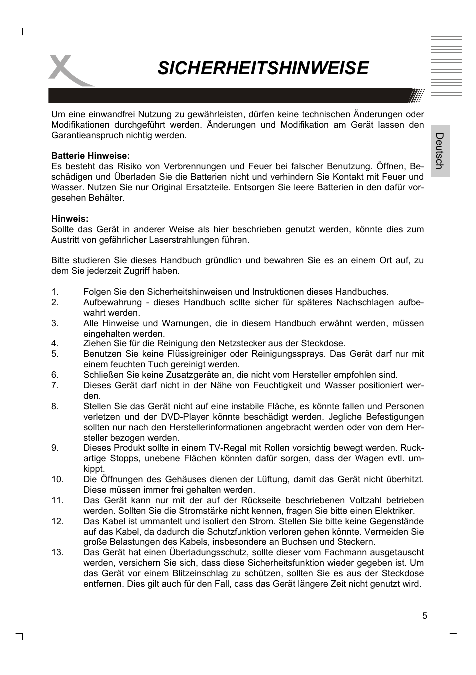 Sicherheitshinweise | Xoro HMD 900 User Manual | Page 5 / 158