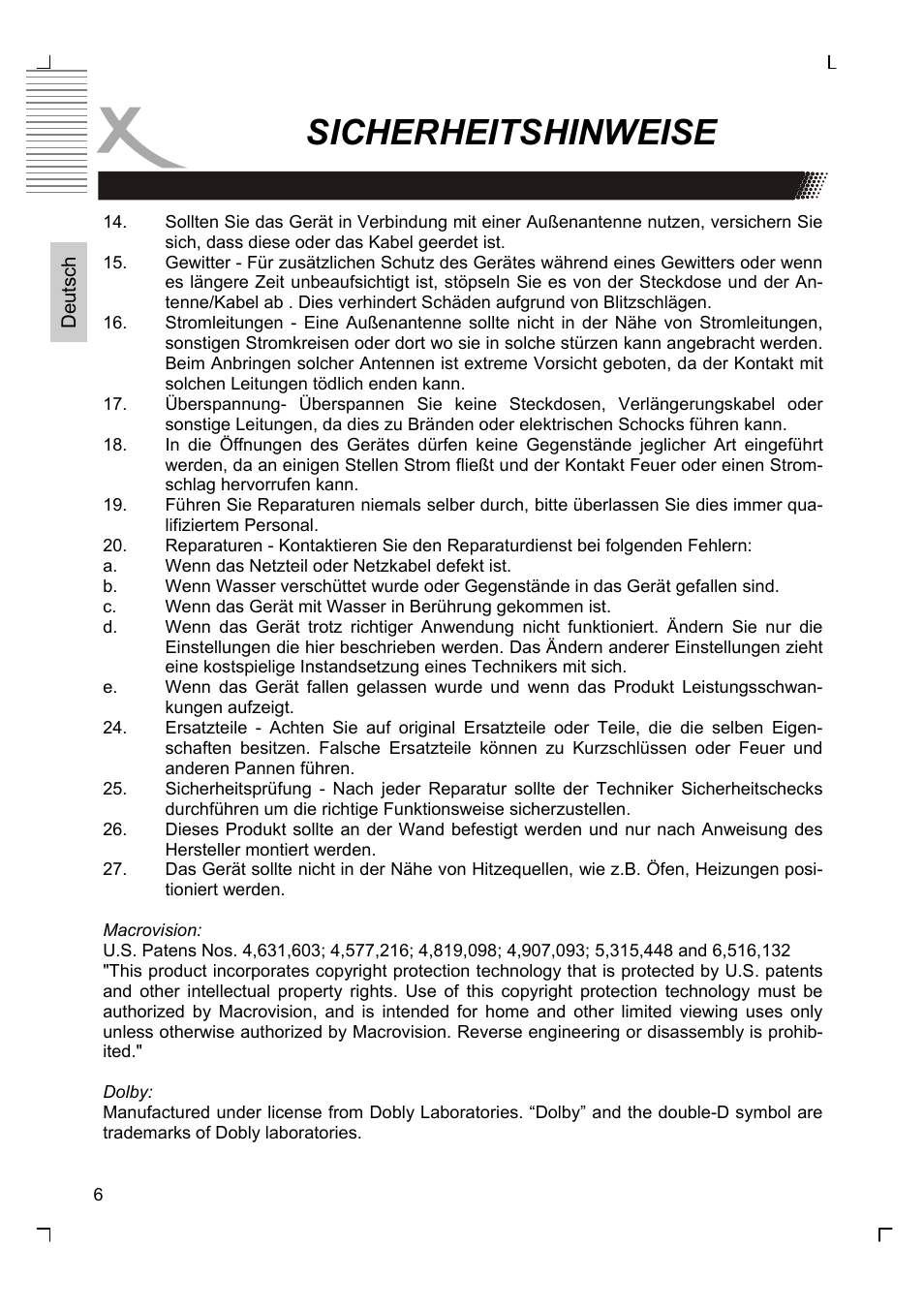 Sicherheitshinweise | Xoro HMD 900 User Manual | Page 6 / 158