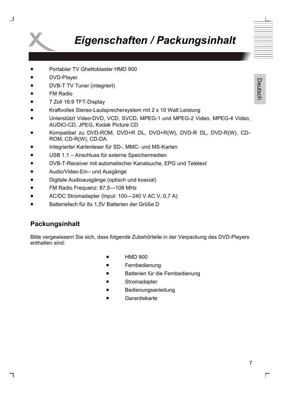 Eigenschaften / packungsinhalt | Xoro HMD 900 User Manual | Page 7 / 158