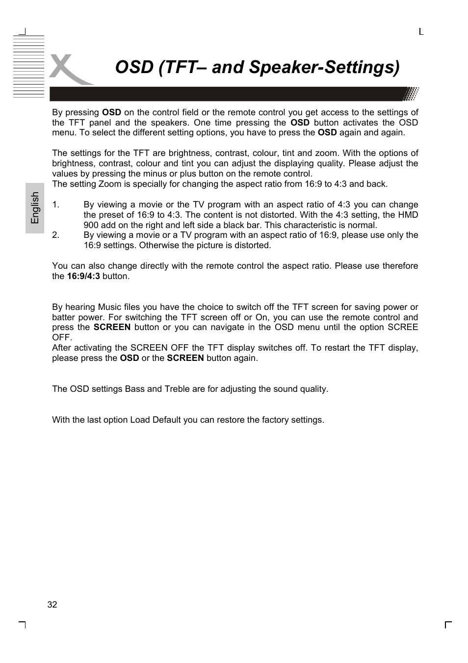 Osd (tft– and speaker-settings) | Xoro HMD 900 User Manual | Page 70 / 158