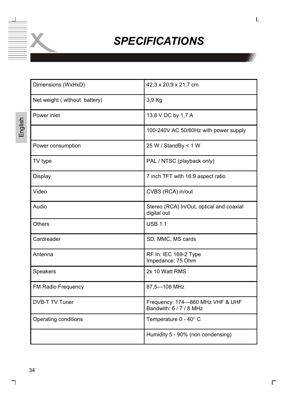 Specifications | Xoro HMD 900 User Manual | Page 72 / 158