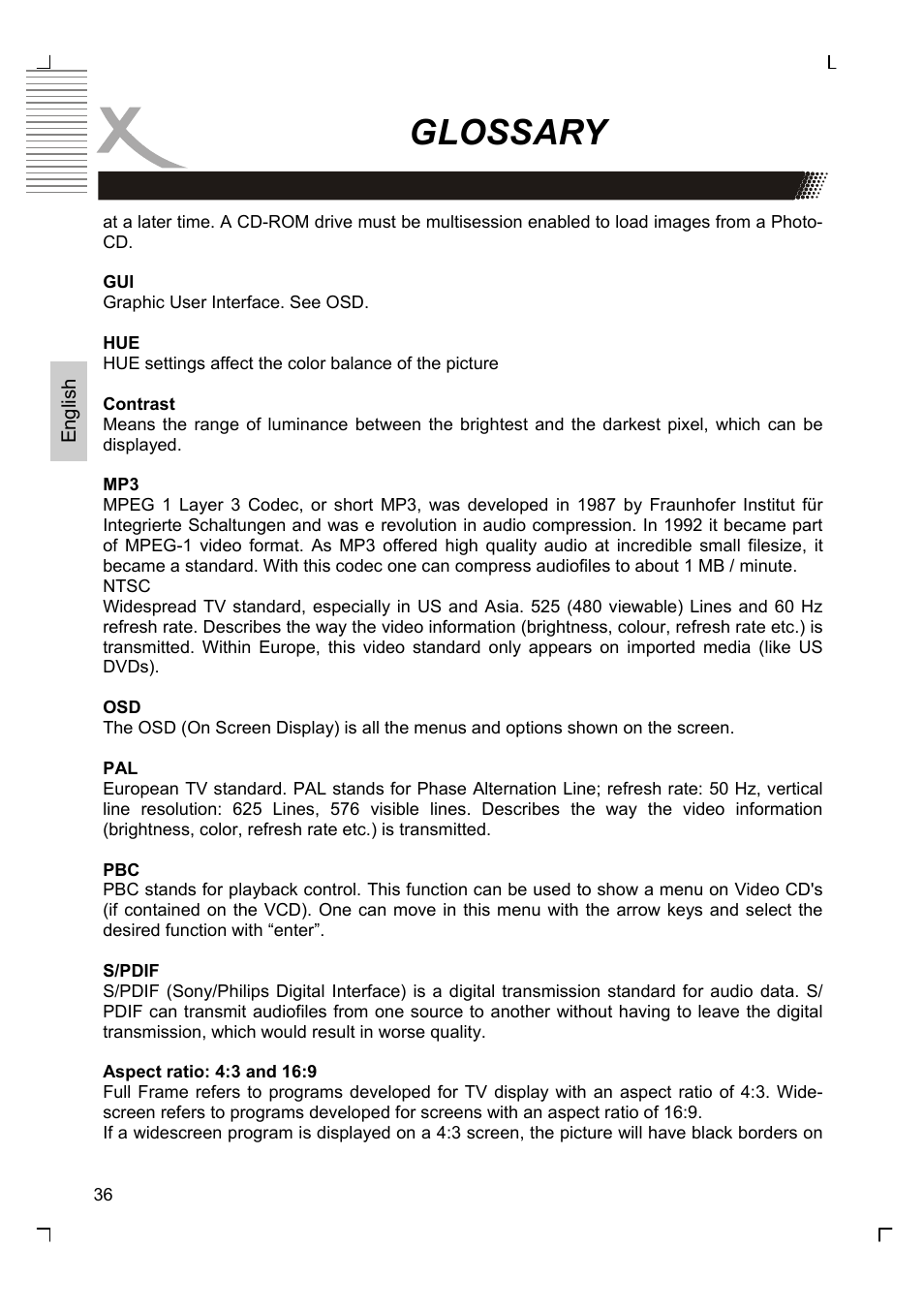 Glossary | Xoro HMD 900 User Manual | Page 74 / 158