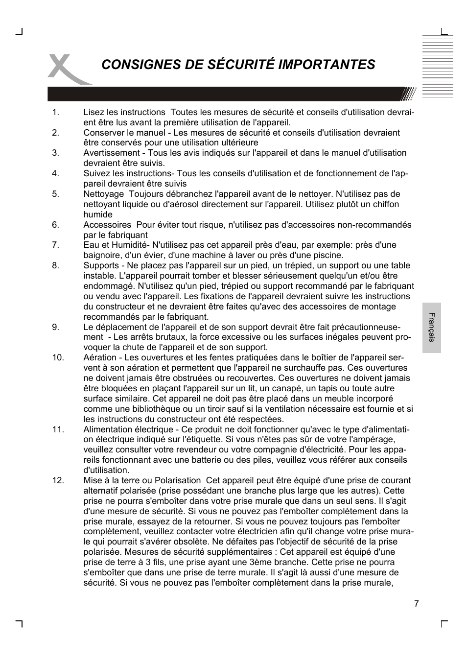 Consignes de sécurité importantes | Xoro HMD 900 User Manual | Page 83 / 158