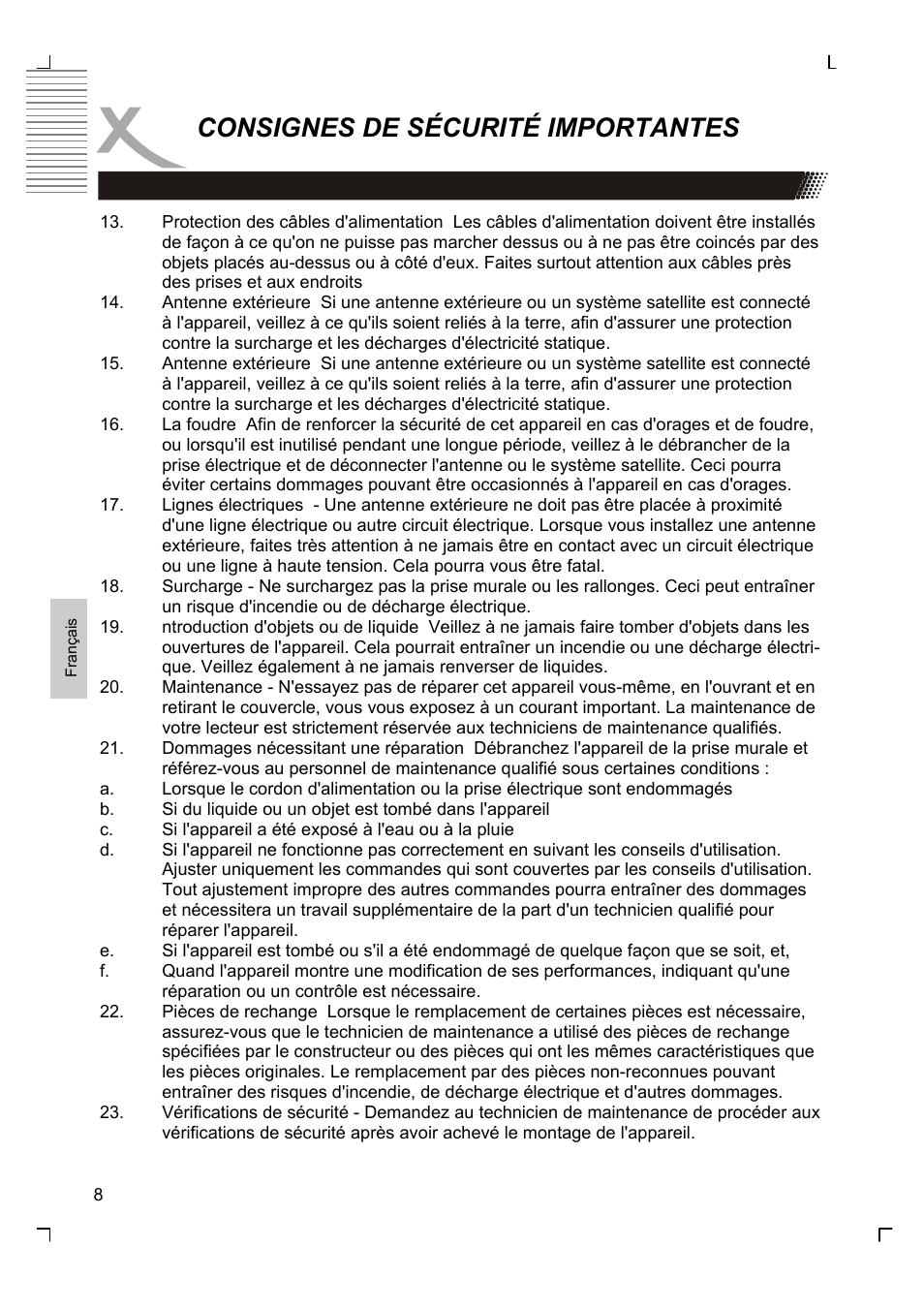 Consignes de sécurité importantes | Xoro HMD 900 User Manual | Page 84 / 158