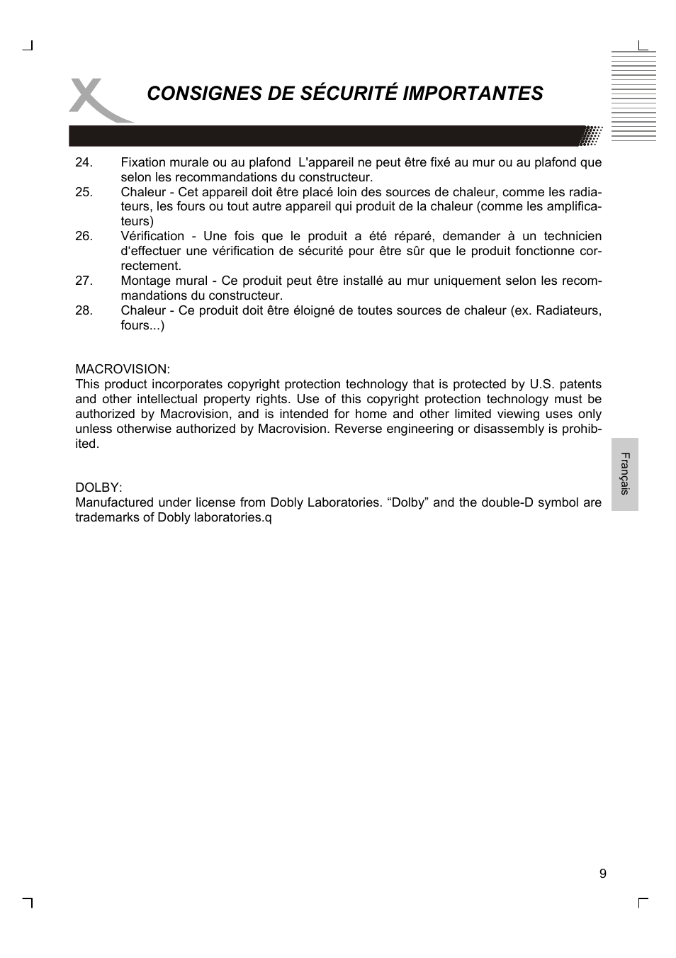 Consignes de sécurité importantes | Xoro HMD 900 User Manual | Page 85 / 158