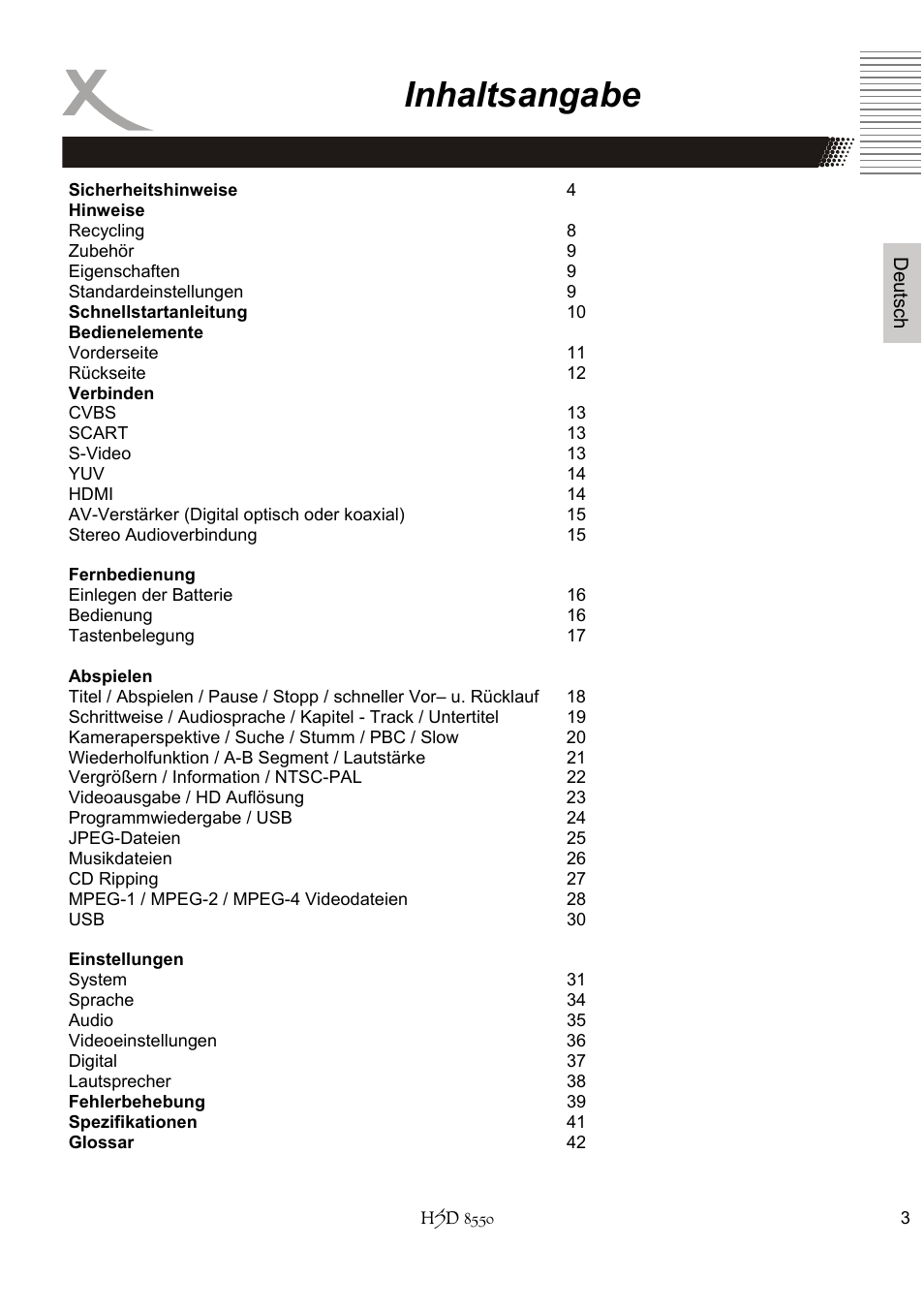 Inhaltsangabe | Xoro HSD 8550 User Manual | Page 3 / 142