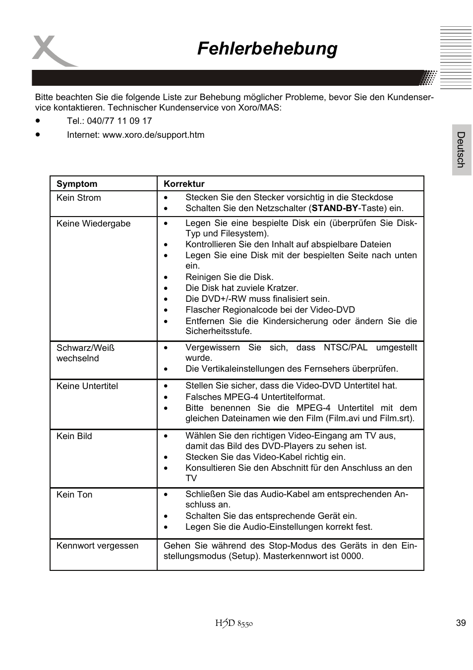 Fehlerbehebung | Xoro HSD 8550 User Manual | Page 39 / 142