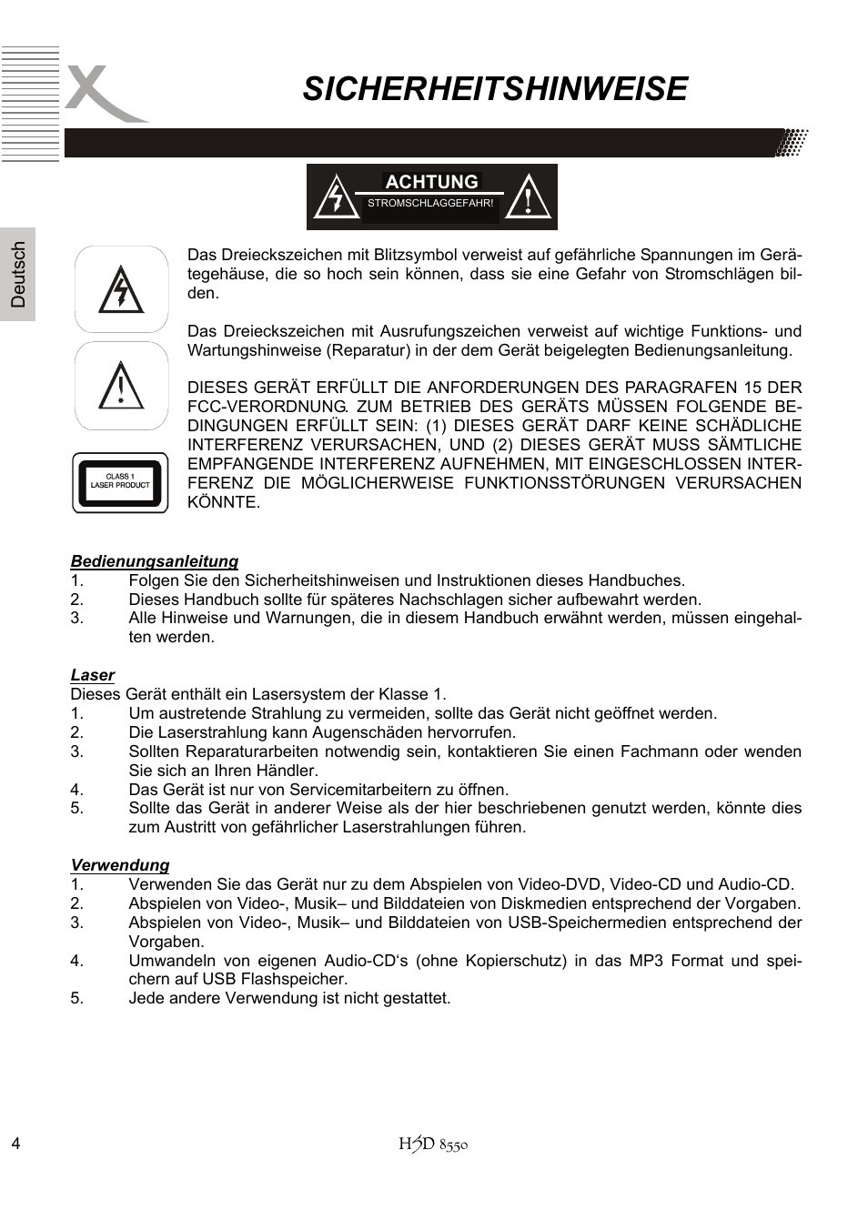 Sicherheitshinweise | Xoro HSD 8550 User Manual | Page 4 / 142