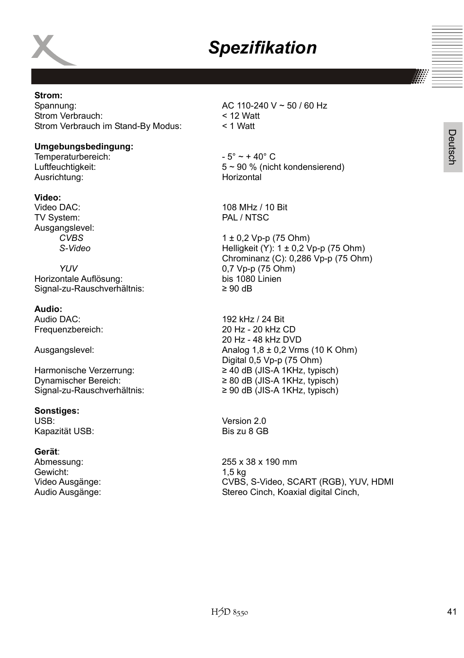 Spezifikation | Xoro HSD 8550 User Manual | Page 41 / 142