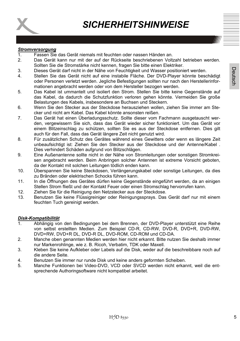 Sicherheitshinweise | Xoro HSD 8550 User Manual | Page 5 / 142