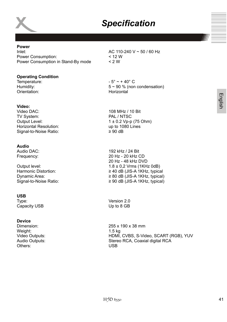 Specification | Xoro HSD 8550 User Manual | Page 87 / 142