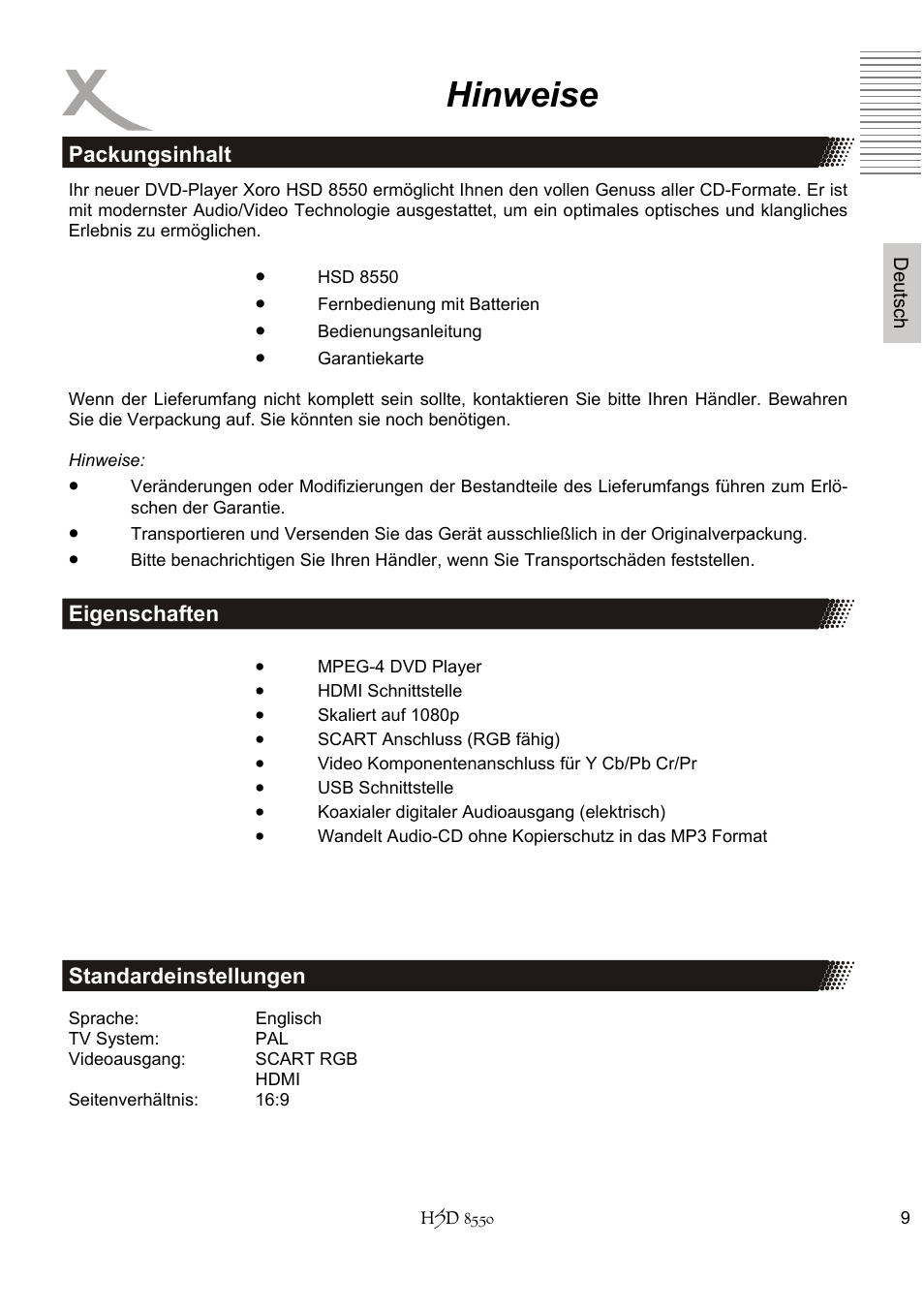 Hinweise | Xoro HSD 8550 User Manual | Page 9 / 142