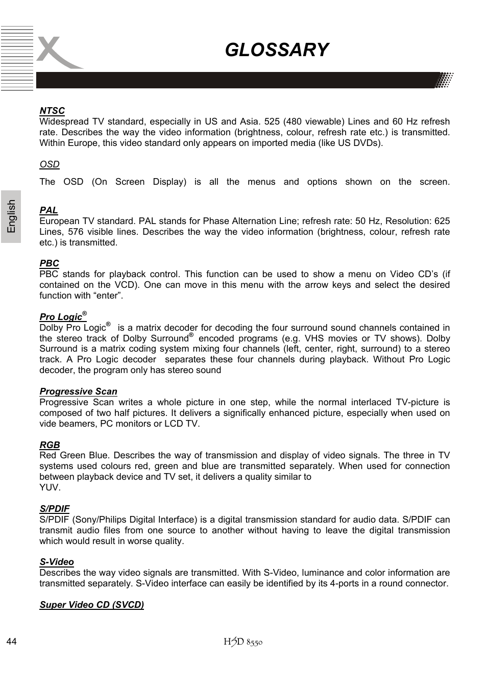 Glossary | Xoro HSD 8550 User Manual | Page 90 / 142