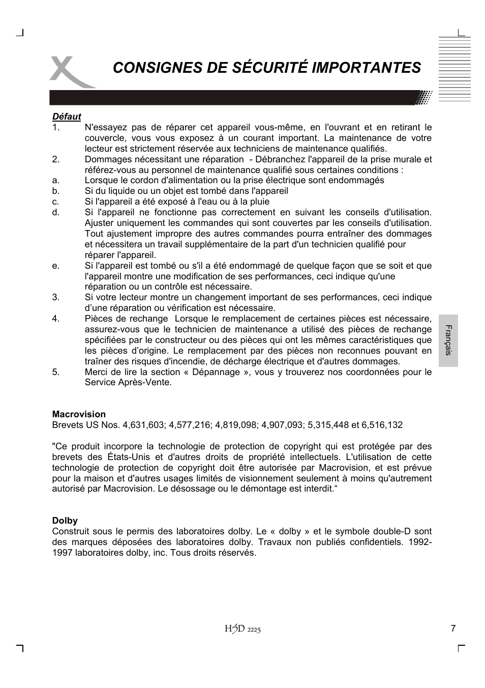 Consignes de sécurité importantes | Xoro HSD 2225 User Manual | Page 137 / 176