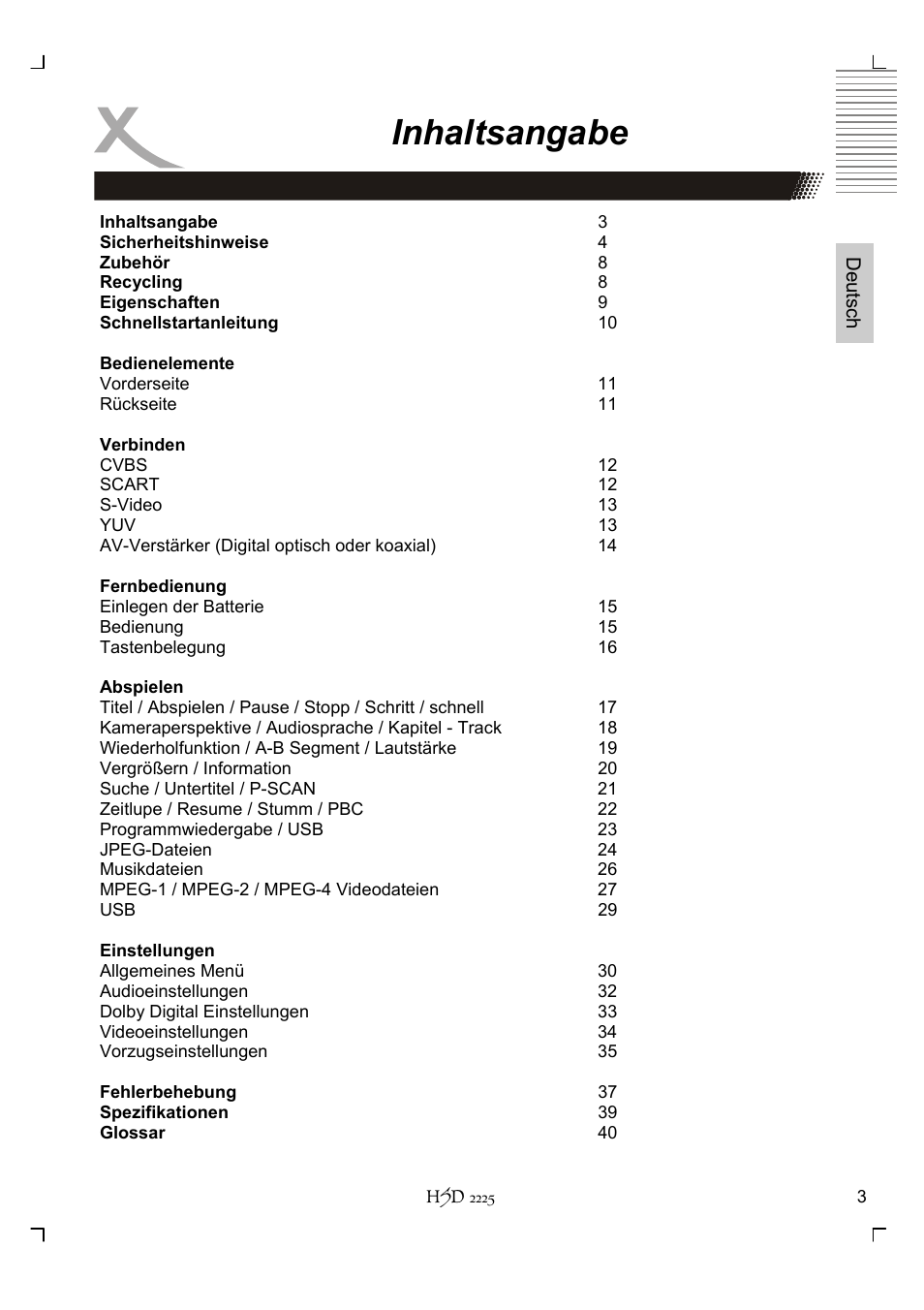 Inhaltsangabe | Xoro HSD 2225 User Manual | Page 3 / 176