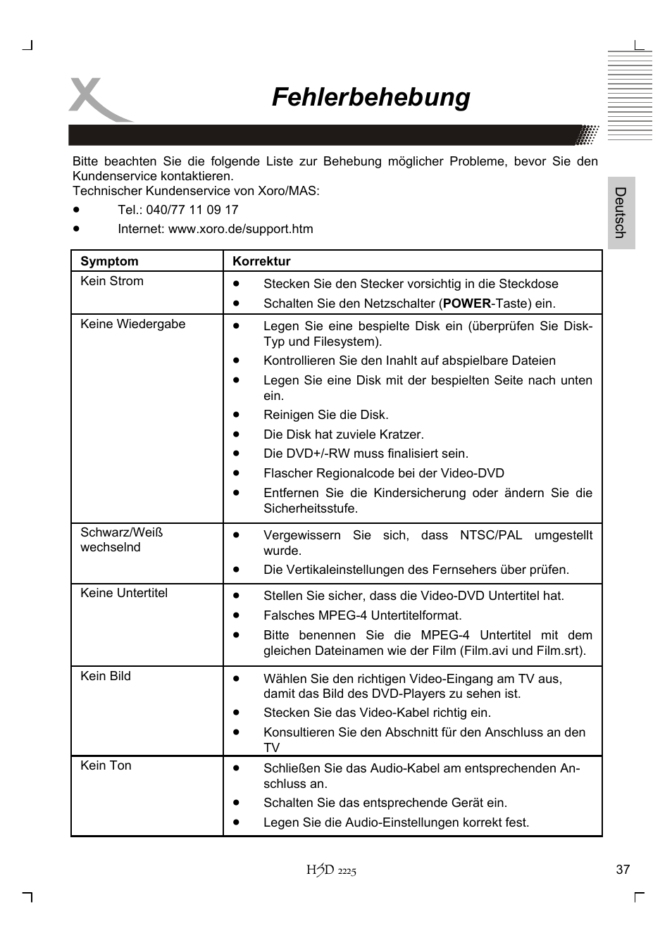 Fehlerbehebung | Xoro HSD 2225 User Manual | Page 37 / 176