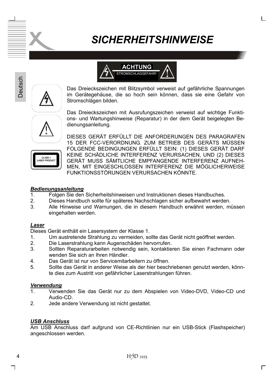 Sicherheitshinweise | Xoro HSD 2225 User Manual | Page 4 / 176