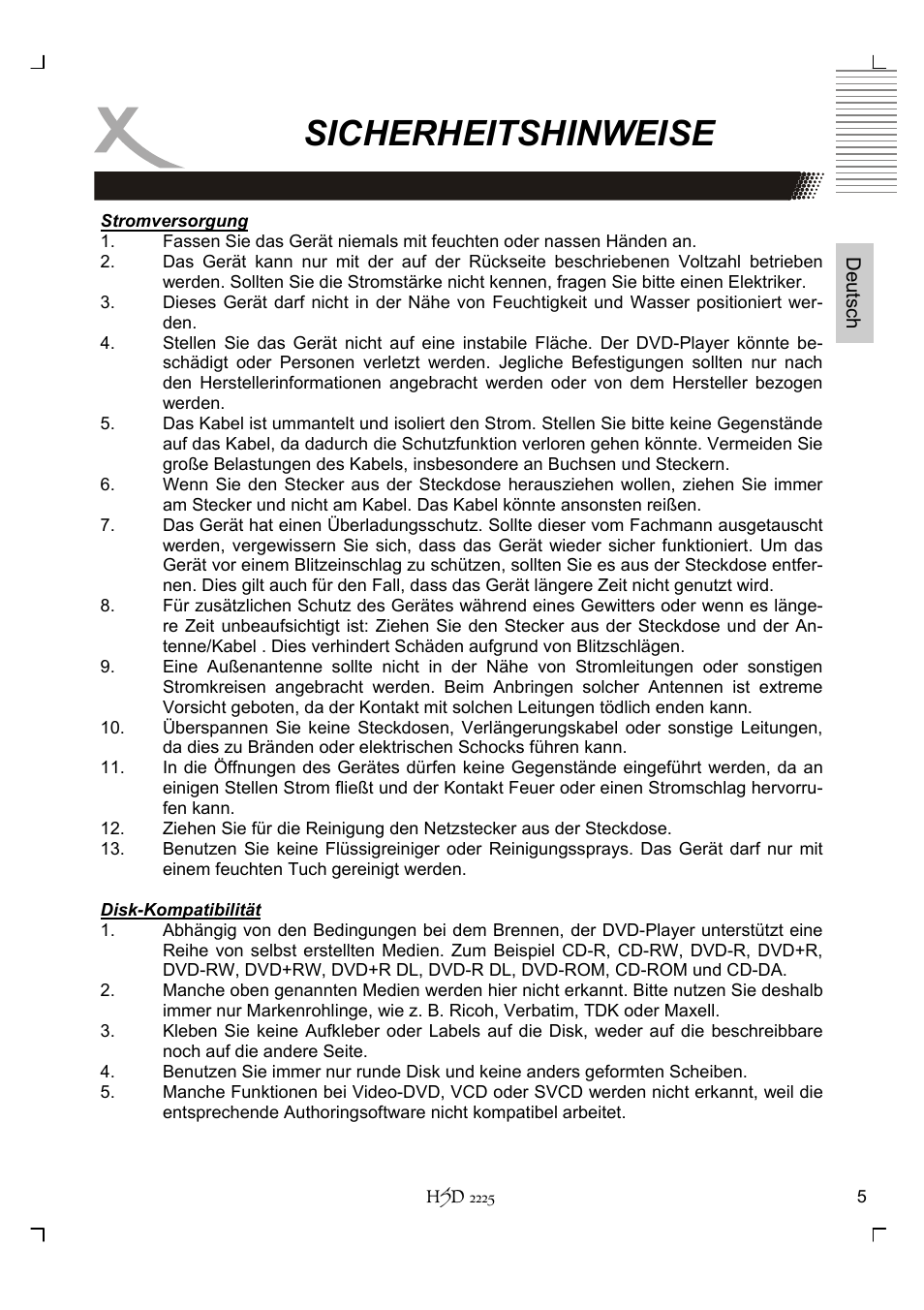 Sicherheitshinweise | Xoro HSD 2225 User Manual | Page 5 / 176