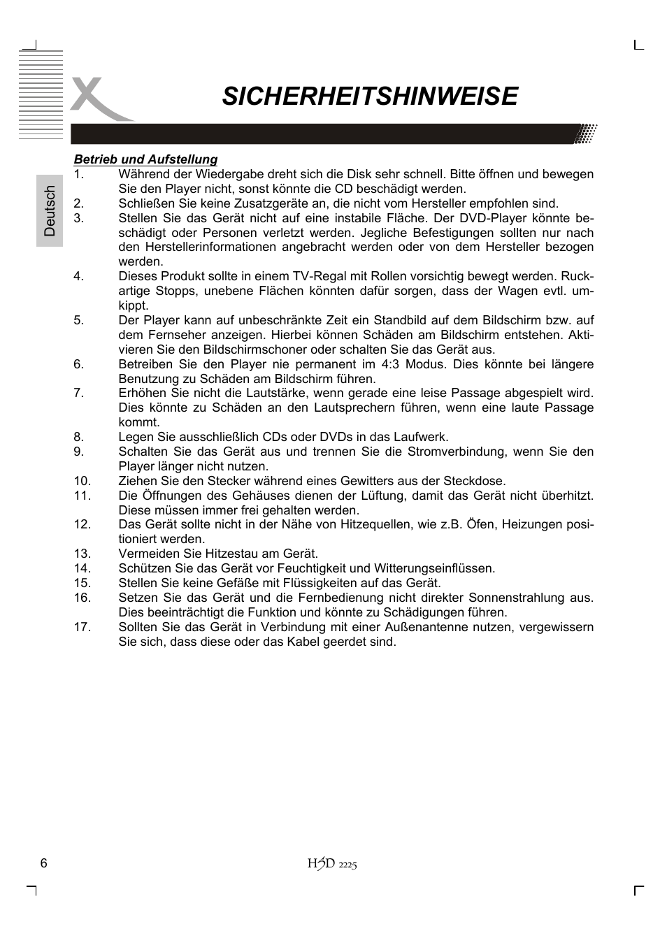 Sicherheitshinweise | Xoro HSD 2225 User Manual | Page 6 / 176