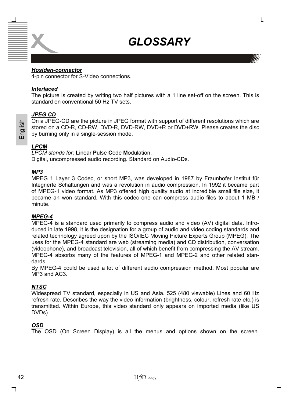 Glossary | Xoro HSD 2225 User Manual | Page 86 / 176