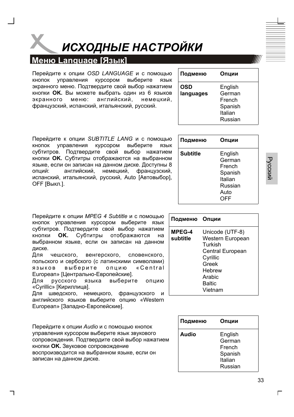 Исходные настройки, Меню language [язык | Xoro HSD 8410 User Manual | Page 133 / 201