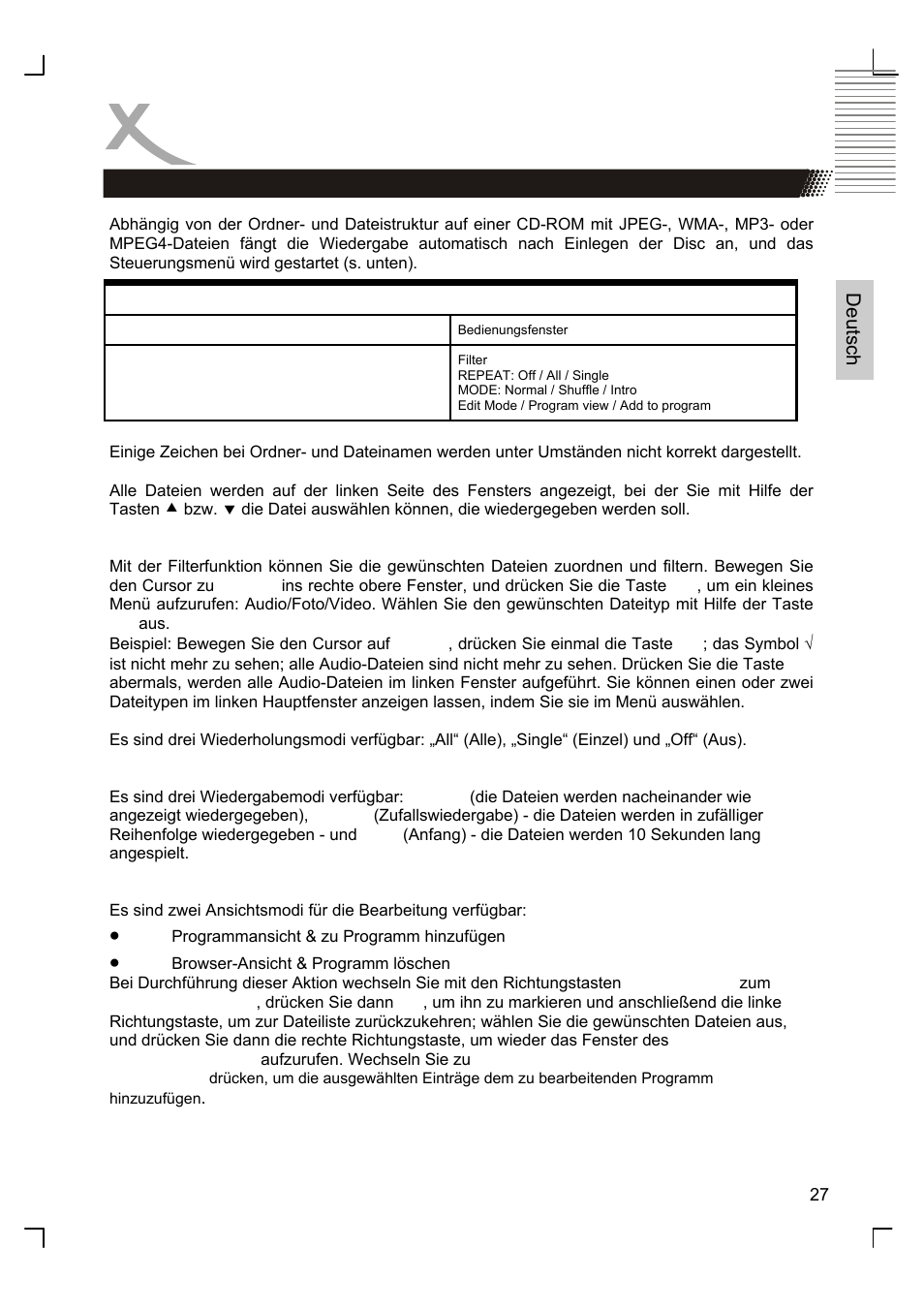 Bedienung, Wiedergabe von jpeg-fotos/cd/wma/mp3/mpeg4 | Xoro HSD 8410 User Manual | Page 27 / 201