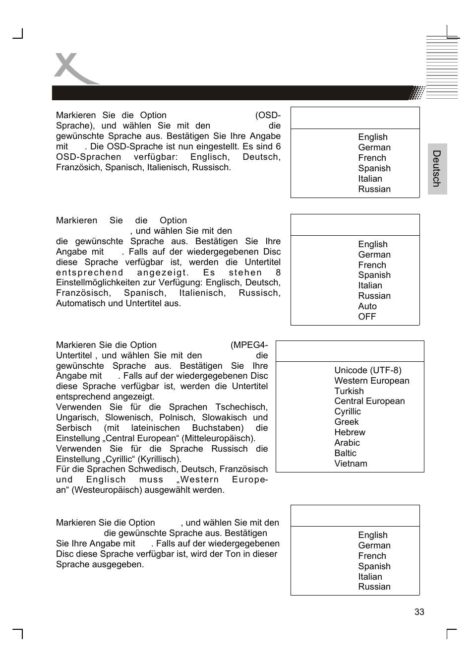 Anfangseinstellungen, Menüsprachen | Xoro HSD 8410 User Manual | Page 33 / 201