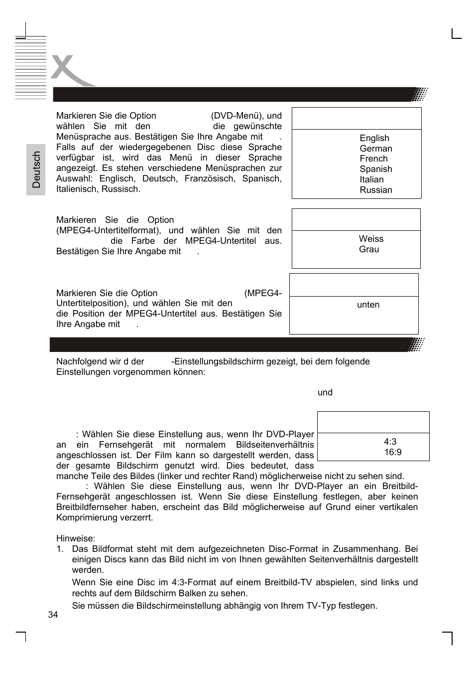 Anfangseinstellungen, Menüsprachen, Video-menü | Xoro HSD 8410 User Manual | Page 34 / 201