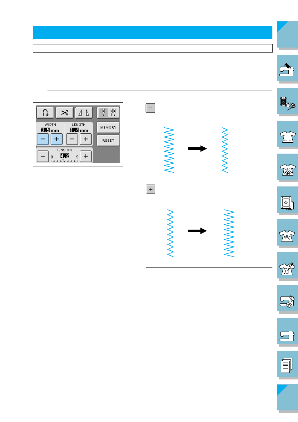 Stitch settings -8, Setting stitch width for zigzag stitch patterns -8, Stitch settings | Brother SuperGalaxie 3000 3000C 3000D 3100D User Manual | Page 65 / 319