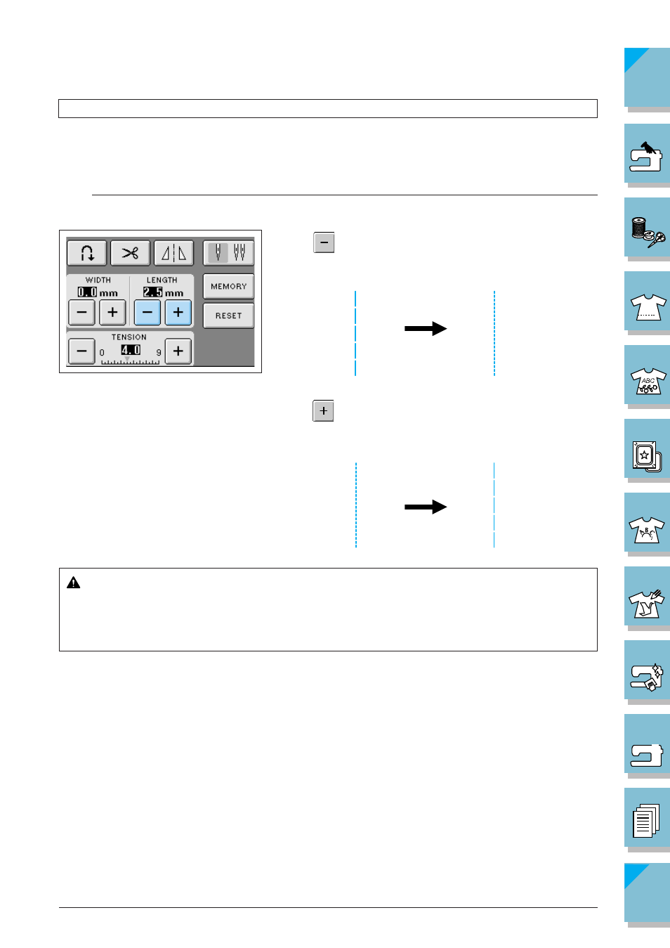 Setting the stitch length -9, Caution | Brother SuperGalaxie 3000 3000C 3000D 3100D User Manual | Page 66 / 319