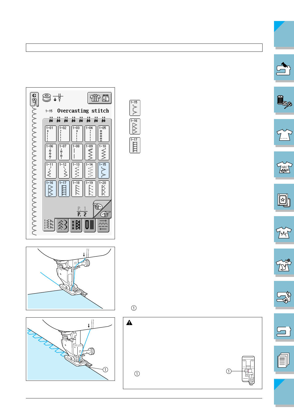 Overcasting -23, Overcasting using presser foot “g” 3-23, Caution | Brother SuperGalaxie 3000 3000C 3000D 3100D User Manual | Page 96 / 319